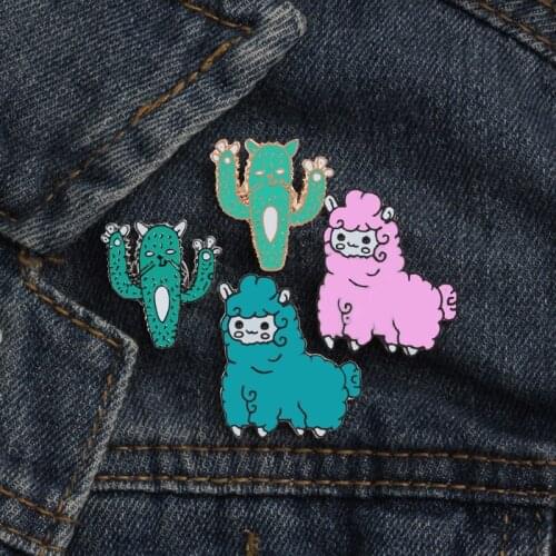 Kawaii Cartoon Cute Animal Sheep Alpaca Brooch Enamel Pins Badge Brooche Button Funny Cactus Brooches Denim Shirt Women Jewelry