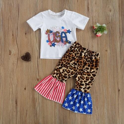 Summer Independence Day For Infant Baby Girls Outfit Summer Lovely July 4th Holiday Set White T-shirt+ Flare Leopard Pants