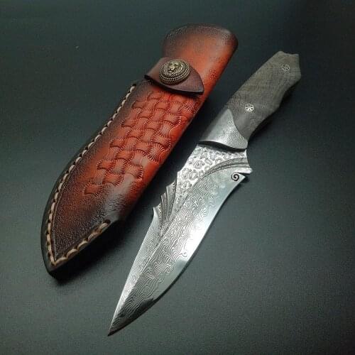 High Quality Handmade Damascus Steel Knife 60Hrc Outdoor Survival Tools Steel Pattern Knives Shiro Wood Leather Sheath
