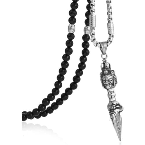 Punk Stainless Steel Comprehensive Buddha Pendant Necklace with Black Natural Stone Chain 26"