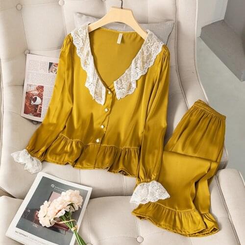 JULYS SONG Satin Silk Pajamas Set Spring Summer Female Pajamas Sleepwear Casual Long-sleeved Trousers Elegant Women Homewear