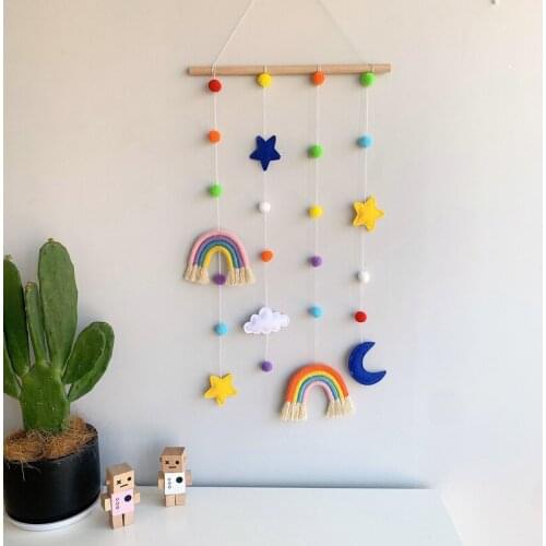 Rainbow Wall Hanging Ornaments Felt Ball Home Decor Wooden Stick Tassel Pendant Kids Room Decor Handmade Weaving Gift for Girl