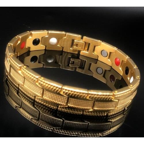 Luxury Gold Plated Stainless Steel Magnetic Bracelet for Men 4 In 1 Elements Strong Magnets Mens Bracelets On Hand Adjustable
