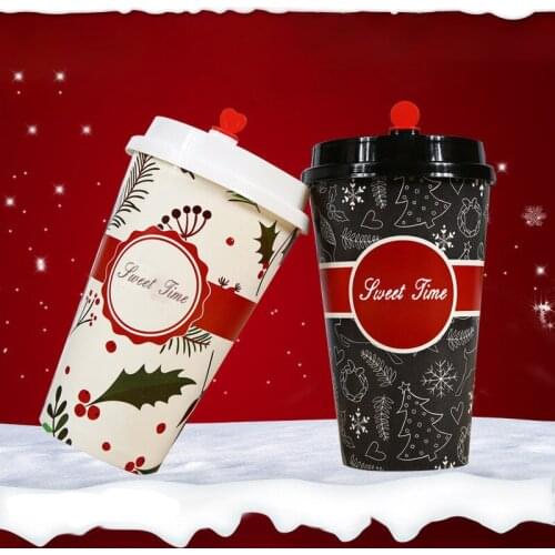 Christmas Mugs Portable Cups Tea Cups Paper Bottles With Cover Cutlery Disposable Multi-Specifications Bottles With Lid 50pcs