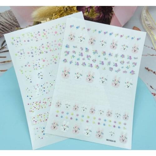 DIY Japanese Style Back Glue Adhesive Thin Light Traceless Nail Stickers Rabbits with Flowers and Colorful Dots Dry Nail Decals