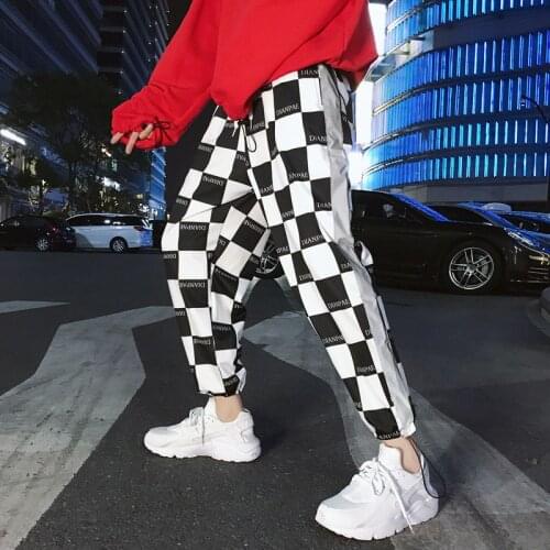 Reflective Streetwear Pants Men Jogger Ankle-Length Harem Pants Splice Black white Lattice Joggers Trousers Men Pants Casual