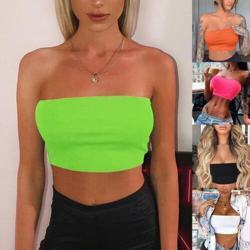 Women Sexy Strapless Cropped Tube Top Summer Neon Solid Color Off Shoulder Bralette Basic Wrapped Chest Bandeau Bustier Clubwear