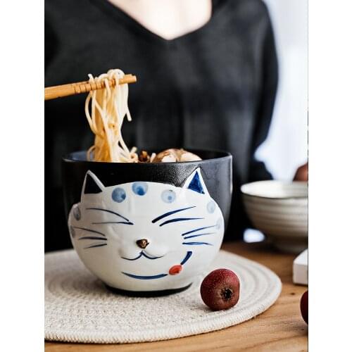 Creative Japanese unglazed ceramic cat cartoon household dining soup noodles couple salad miso ramen dinnerware with chopsticks