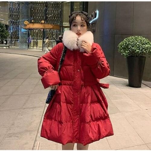 Korean Version Winter New Big Fur Collar Sweet Waist Waist Loose and Thin Mid-length Padded Jacket Womens Puffy Padded Jacket