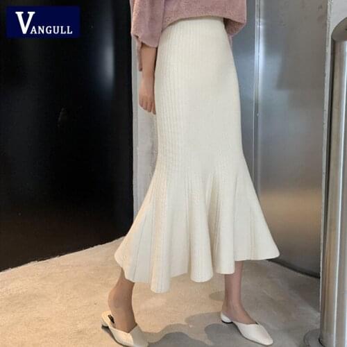 Vangull Fall New Korean Chic Ruffles Women Skirts Slim High Waist Mermaid Skirts Woman Wild Solid Wrap Hip Knitted Trumpet Skirt