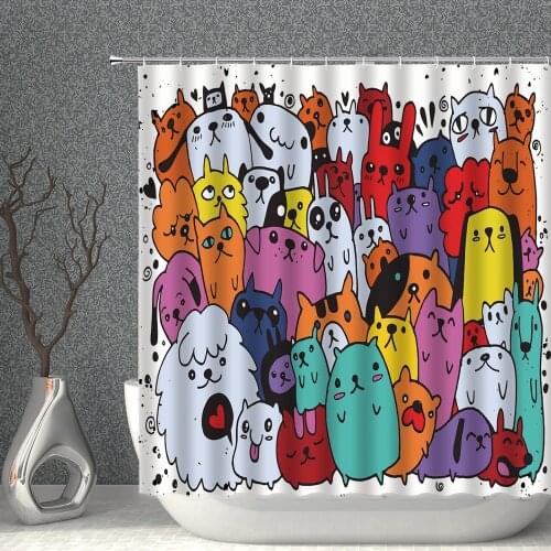 Cartoon Animal Shower Curtain Anime Curtain Cat Dog Rabbit Colorful Pattern Bath Decor Bathroom Decoration Waterproof With Hook