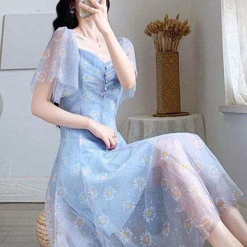 French Dresses for Women Party 2021 Summer Retro Style Square Collar Button Zipper Flying Sleeve Floral Short Sleeve Sweet 0958