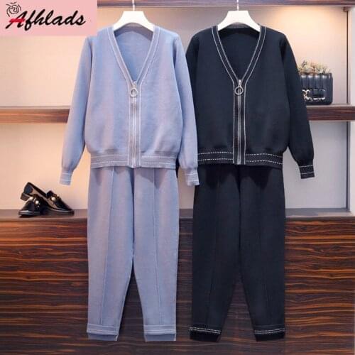 Large Size Womens Two-Piece Set Knit Female Spring Long-Sleeved Cardigan Zipper Sweater Top + Long Pant Casual Two-Piece Set