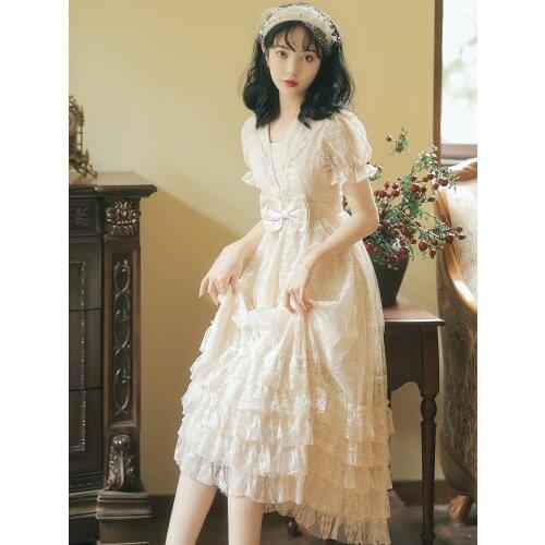 Summer Women Vintage Long Lolita Princess Dress V Neck High Waist Layered Ruffles Party Dress Hollow Out Elegant Tiered Dress