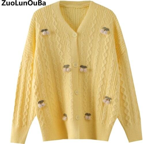 Zuolunouba 2020 Winter Plus Size Handmade Chain Link Sweater Women Fresh And Sweet Loose Wild Cartoon Ladies Knitted Cardigan