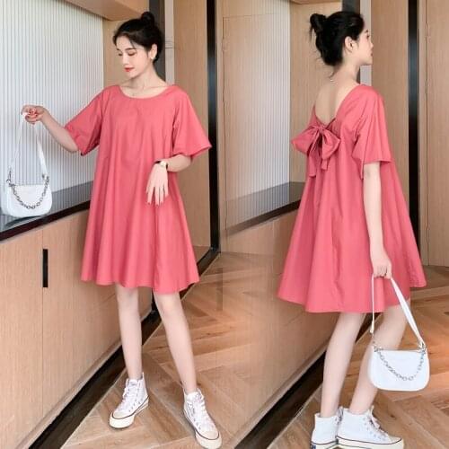 1815# Maternity Dress Summer Short Sleeves Solid Color O Neck Easy Matching Loose Stylish Dress Pregnant Women Mom Dress
