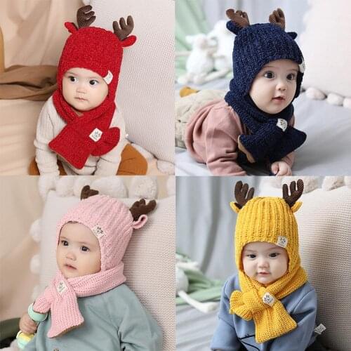 2pcs Baby Knitted Hat Scarf Set Coral Fleece Winter Warm Cute Antlers Neck Winter Warmer Cap Suit Boys Newborn Girls Hat