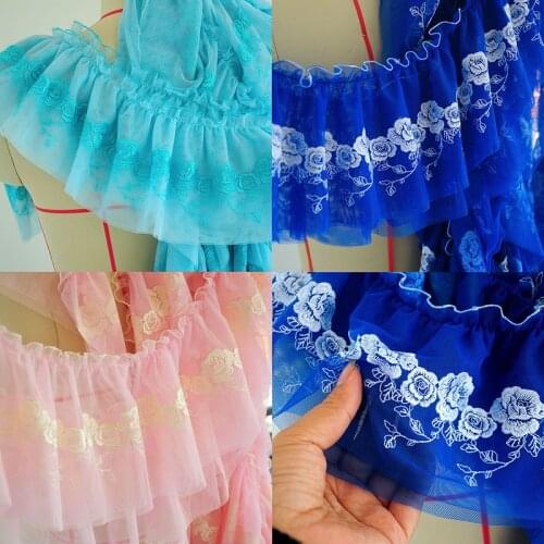 5meters 13CM Wide Pink and Blue 3D Pleated Mesh Lace Ruffle Trim Embroidery Flower Ribbon DIY Dress, Doll Clothes decoration