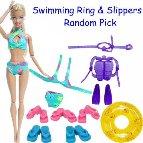 8 Pcs /Lot = 1x Swimsuit + 1x Random Swim Ring + 5x Random Slippers +1x Diving Equipment Accessories Clothes for Barbie Doll Toy
