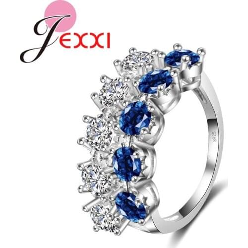 925 Silver Rings For Women Wedding Jewelry Double Row White&Blue CZ Crystal Crystal Party Finger Ring