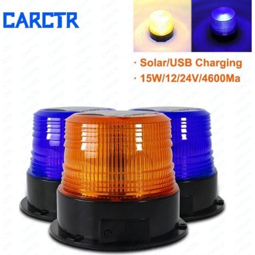 CARCTR Car Roof Strobe Warning Light Solar Charging Magnetic USB Charging 15W Yellow Blue Rotating 12/24V Emergency LED Light