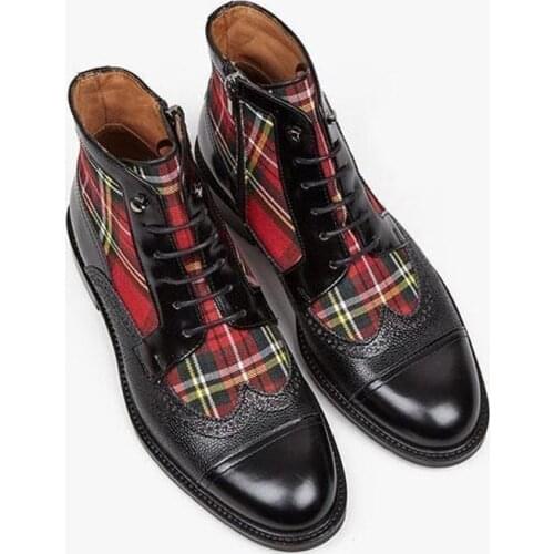 Fashion Men PU Leather Shoes Top Quality Vintage PU Leather Plaid Boots Lace Up Mens Martin Boots Casual Zapatos De Hombre 4M193