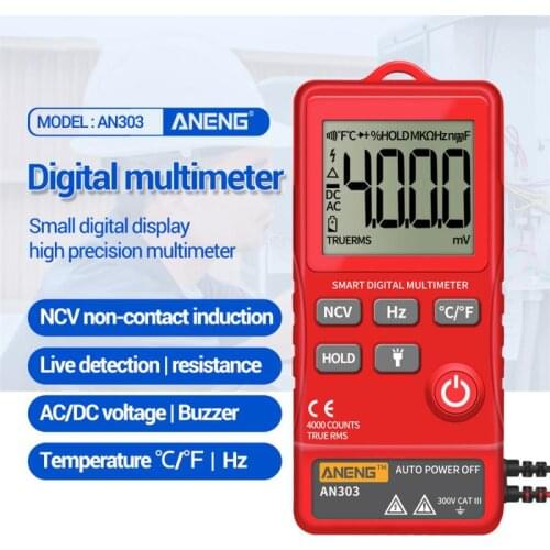 AN303 Mini True Rms AN303 Digital Multimeter 4000 Display DC/AC Voltmeter Tester Capacitance NCV Ohm Resistance Hz Test car
