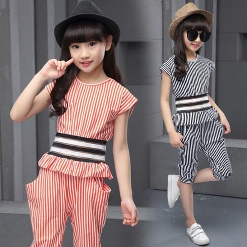 2019 Summer Childrens Clothing Virgin Suit The New Girls Stripe Black Fungus Short Sleeve +shorts Pant Suits 4-12 Ages Outfits