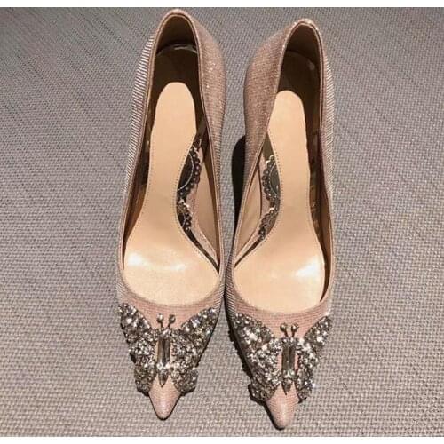 Elegant Pink Silver Leather High Heel Pumps Pointed Toe Crystal Butterfly-knot Wedding Shoes Bride Slip-on Heels Lady Dress Shoe