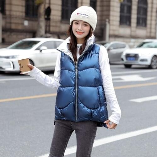 Glossy Women Puffer Vests Solid Stand Collar Ladies Casual Waistcoat Autumn Winter Zipper Thick Sleeveless Jacket for Female