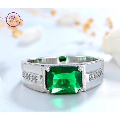 Real 925 Sterling Silver Rectangular 8*10MM Green Zircon Rings for Men Women Fine Jewelry Luxury Wedding Gift Party