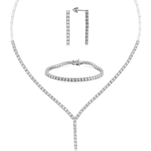 Valori Jewels 15.2 Carat, Zirconia White Round Gemstone, Rhodium Plated, Double Tail Tennis Trio Set