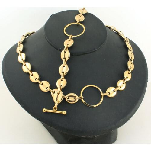 Free Shipping Stainless Steel Round Gold Color Fashion Link Necklace Bracelet Simple Jewelry Sets High-quality For Gift SCAZBJCE