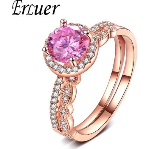 ERLUER Fashion Pink Round Crystal Zircon Ring Set for Women Girl Rose Gold Jewelry Engagement Party Trendy Love Gift rings