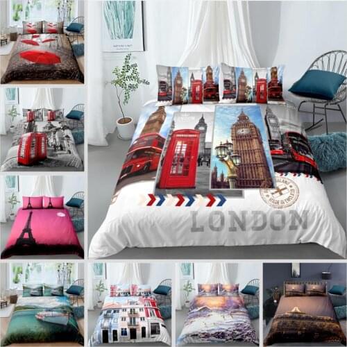 Novelty Duvet Cover Set Decorative Microfiber 3 Pieces Bedding Set Paris Tower Print Famous City Scene Comforter Cover