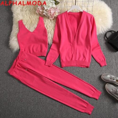ALPHALMODA 2019 Winter Women Fashion 3pcs Suit Long Cardigans + Vest + Pants Solid Knitting 3pcs Set Trendy Clothes Set