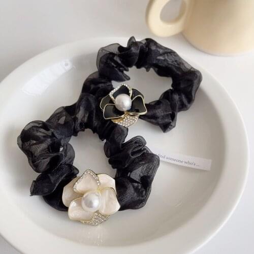 Korean Hair Scrunchies Elastic Hair Bands Hair Accessories Women Girl Floral Camellia Flower Hair Rope Hair Tie Pleated Headband