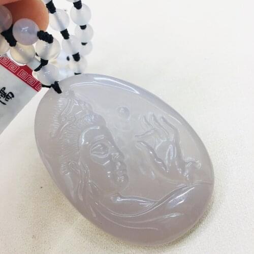 Natural Brazilian ice bottom chalcedony jade carving emperor purple Guanyin head pendant with chalcedony bead necklace sweater c