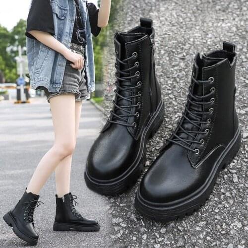 2021 New Winter British Short Pile Round Toe Mid-heel Wedge Side Zipper Front Lace-up Womens Martin Boots