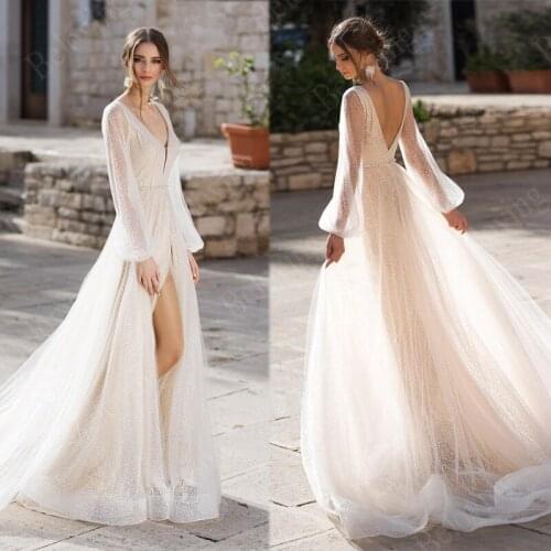 Deep V Neck High Slit Chic Wedding Dresses Sparkly Long Sleeves A Line Bride Dress Vestido De Noiva Bridal Wedding Gown Mariage
