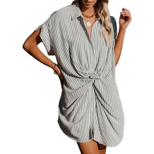 Summer Sexy Dress Women Lapel Collar Elegant Polyester Short Sleeve Buttons Loos Vertical Striped Summer Travel Dress