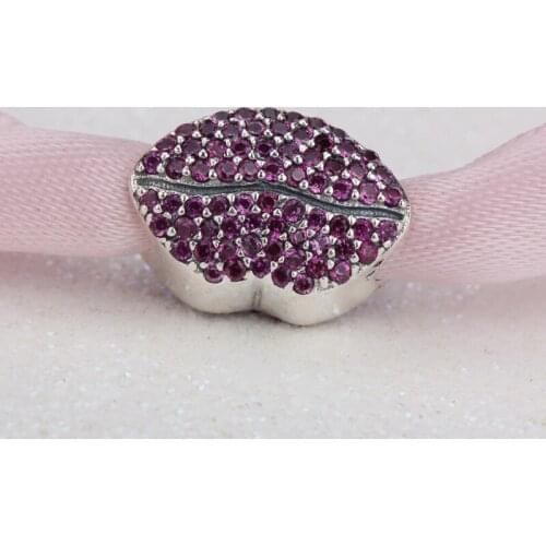 Genuine 925 Sterling Silver Lips Shape Pave Lights Beads with Red CZ fit Charms Bracelets Jewelry