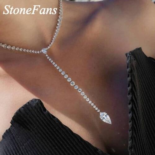 Stonefans Transparent Water Drop Cubic Zirconia Necklace for Women Big Crystal Y Shaped Necklace Choker Long Pendant Jewelry