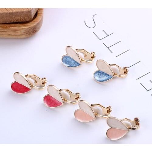 Heart Clip On Earrings Simple Small Stud Korean Non Pierced Ears Ladies Contrast Color Cute Clip Earing School Jewelry For Women