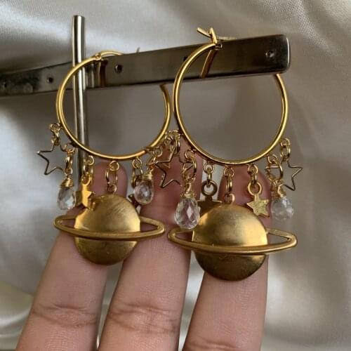 Hoops Earrings with Flying Star and Planet Charms, Planet and Star Earrings, Space Earrings, Galaxy Earrings, Saturn Earrings