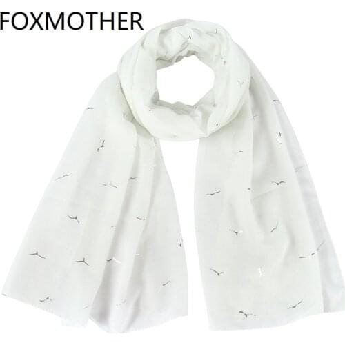 FOXMOTHER New Fashion Spring Summer White Pink Mint Bird Seagull Foil Scarf Glitter Scarves Shawl For Women Ladies