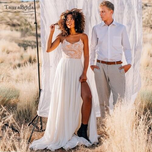 Spaghetti A line Wedding Dresses Chiffon Skirts Side Split Bohemian Bridal Gowns Simple Noivas DW430