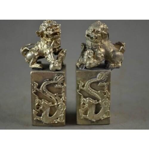 In old China miao silver statue carved dragon rare lucky couple kirin seal