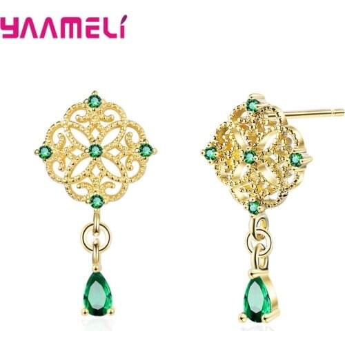 Retro Palace Water Drop Rhinestones Female Earrings 925 Sterling Silver Hollow Out Flower Long Ear Brincos Pendientes