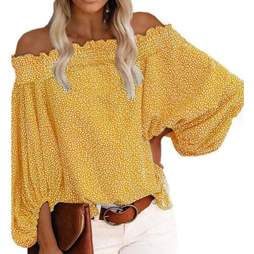 Women Autumn Loose Blouse Off Shoulder Long Sleeve Lantern Sleeve Slash Neck Floral Print Ladies Elegant Tops
